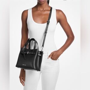 Michael Kors Black Emilia Small Belted Satchel Bag with Silver Accents Nwot